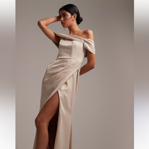 ASOS design bridesmaid satin off the shoulder drape wrap maxi dress in oyster - Picture 1 of 8